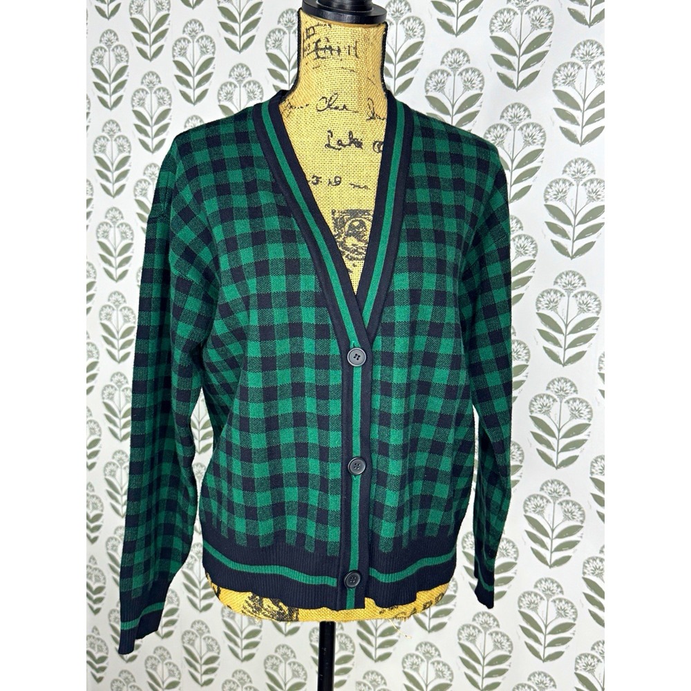 Marled Knit Check Button Front V-Neck Cardigan Sweater Green Black Size L